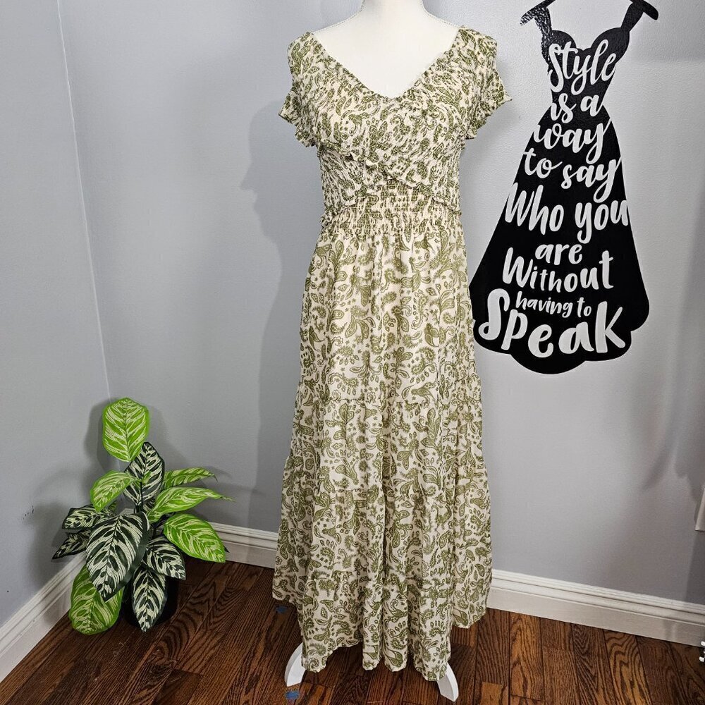 BB Dakota X Steve Maden Joie De Vivre Green Paisley Boho Smocked Midi Dress